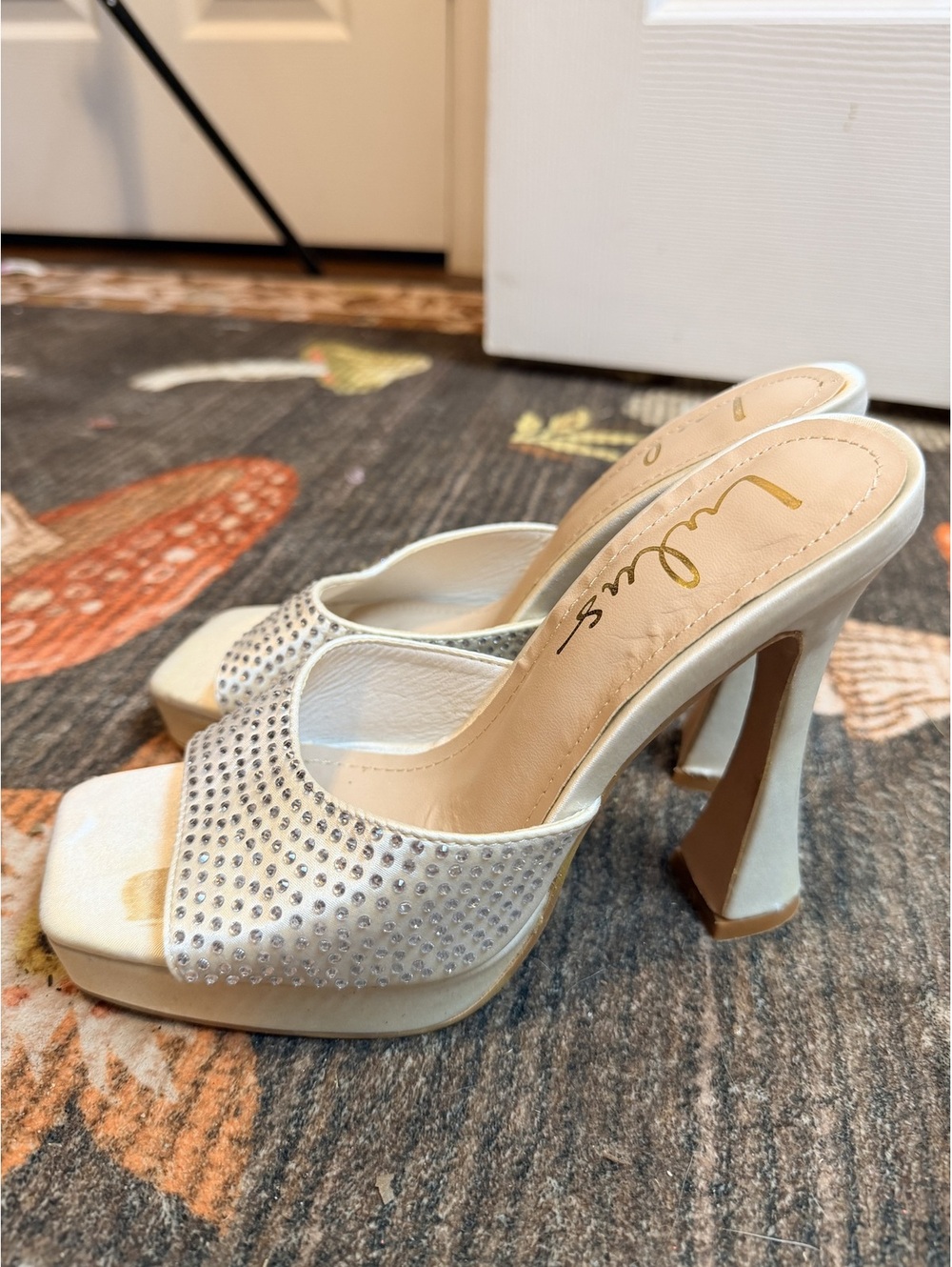 Lulus Karelee Silver Satin Rhinestone Platform High Heel Sandals Size 6.5